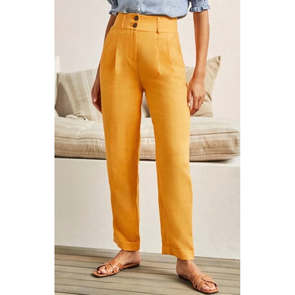 Boden Turn Up Linen Trousers Yellow Size 6 High Rise Straight Leg